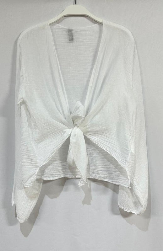 White Solid Long Sleeve Tie Front Lightweight Venti Top 3/14/25 9691