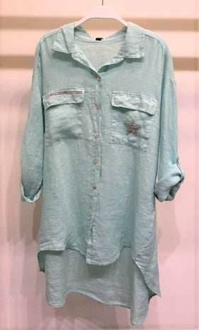 Mint Collared Star Rhinestone Pocket Linen Hi Lo Venti Top 4/8/25 9744