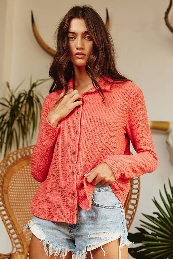 Orange Washed Solid Textured Knit Bucketlist Shirt 6/6/25 9967