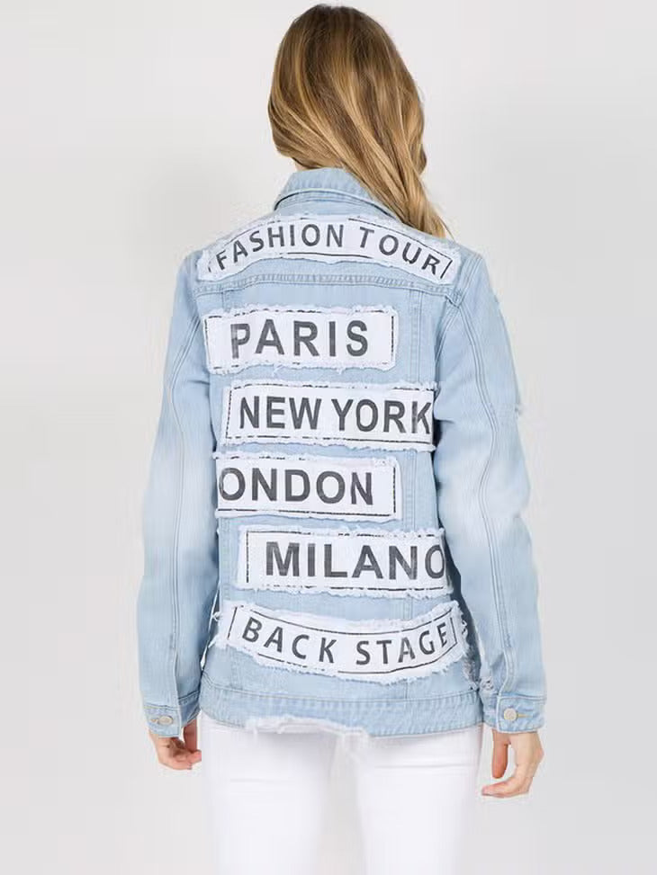 Light Blue Letter Patched Distressed Denim Jacket