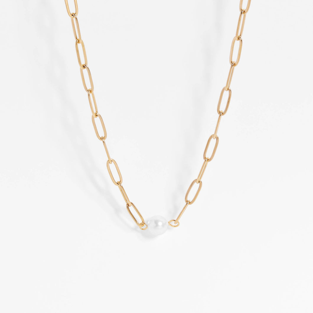 Stainless Steel / Gold Paperclip Necklace With Pearl Gold / 14
