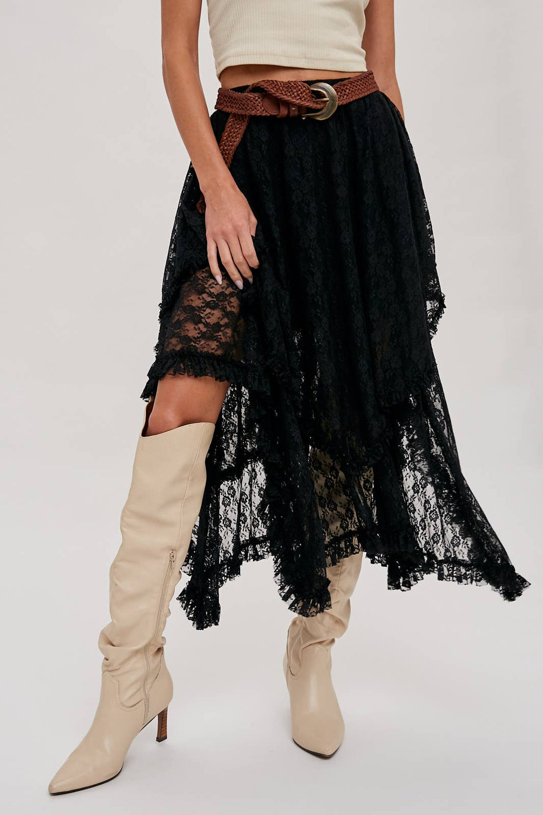 Black Lace Tier Midi Skirt