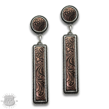 Copper Western tooled look bar earrings