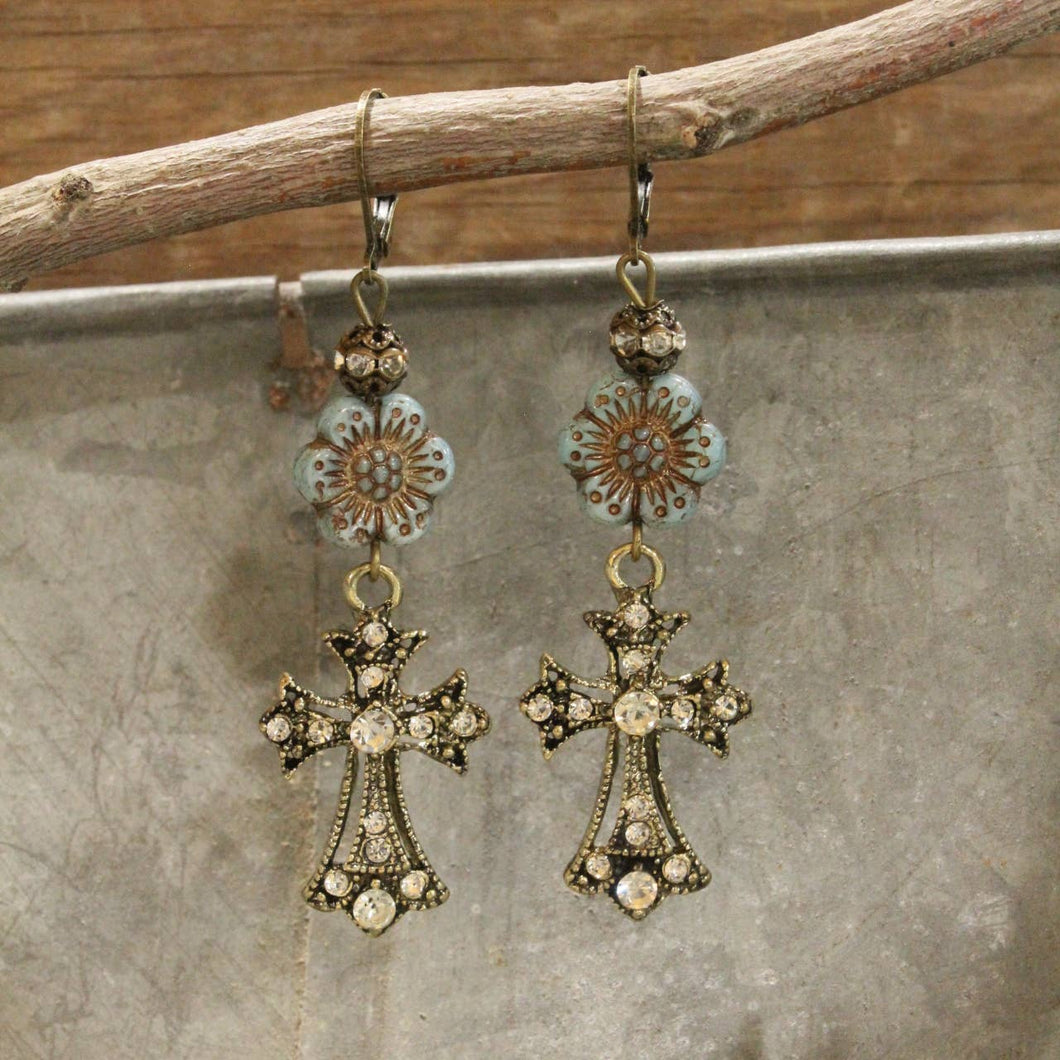 Vintage Bronze Cross & Denim Czech Dangle Earrings