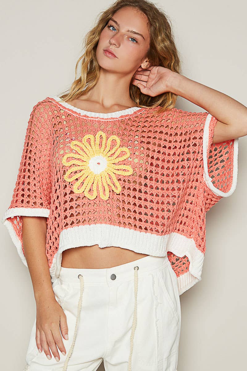 Coral Ivory Round neck sleeveless floral thin sweater POL top