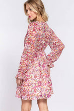 Cream Magenta Long Sleeve V-neck Floral Printed Woven Mini Dress
