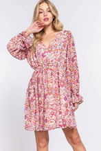 Cream Magenta Long Sleeve V-neck Floral Printed Woven Mini Dress