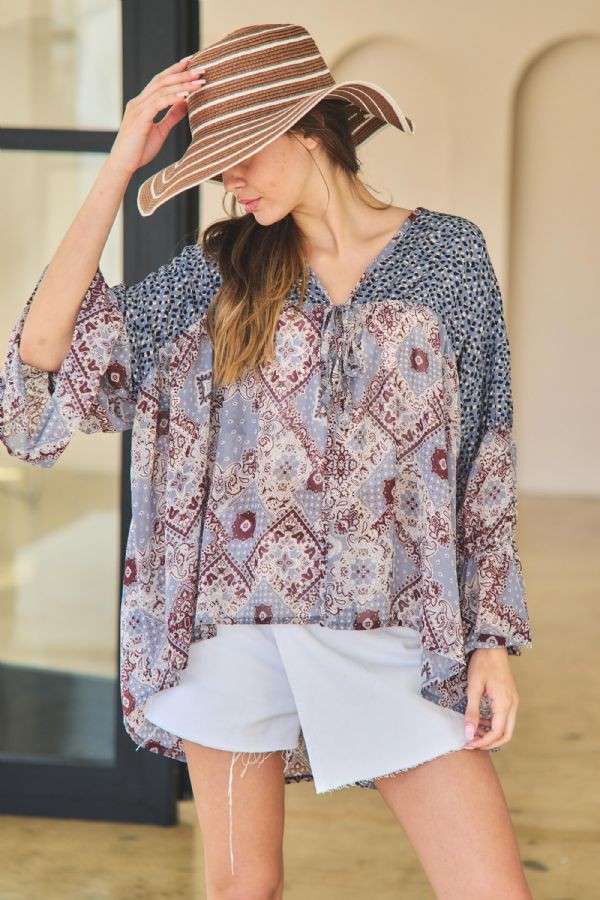 Slate Blue Printed Tie Front Long Sleeve Loose Kimono 5/19/23 6259