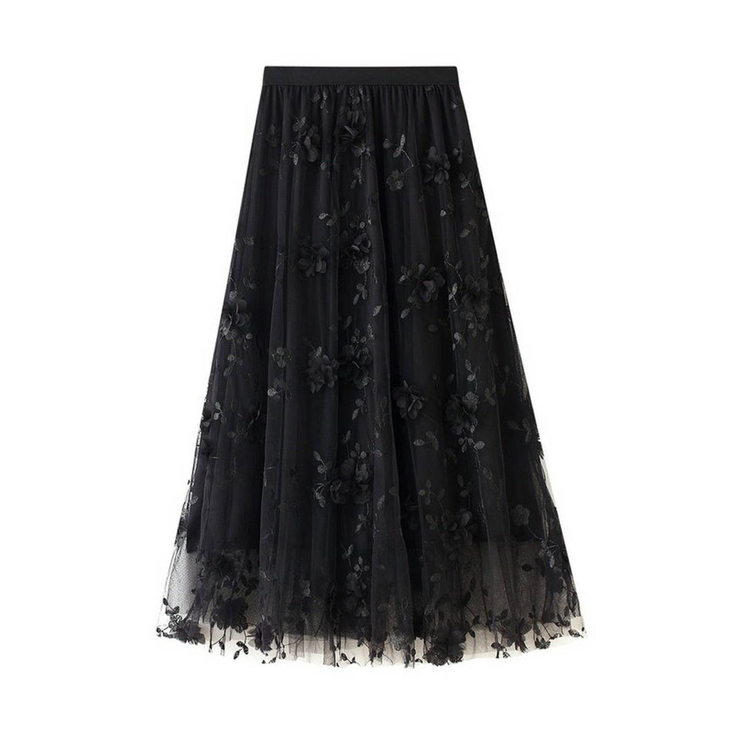 Black Embroidered Tulle A-Line Maxi Skirt