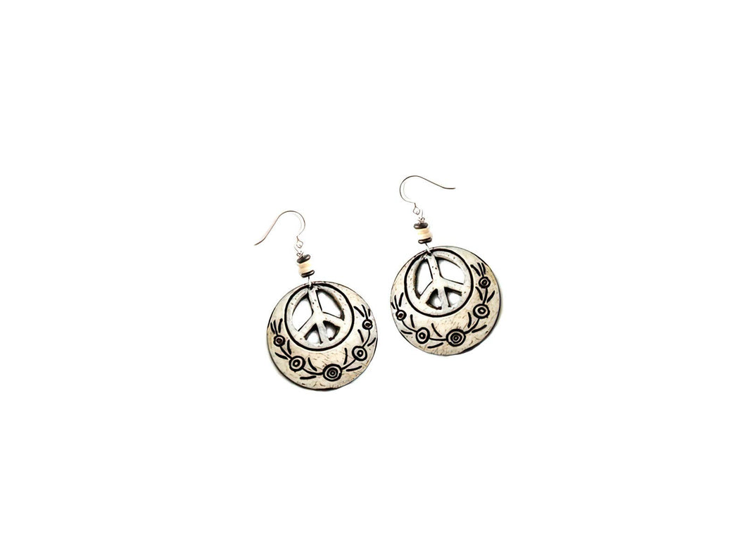 Peace Symbol Cutout Carved Bone Earrings