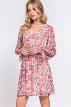 Cream Magenta Long Sleeve V-neck Floral Printed Woven Mini Dress