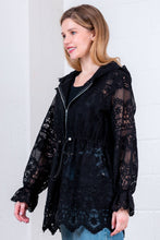 BLACK LONG ELASTICIZED HOODED LACE JACKET