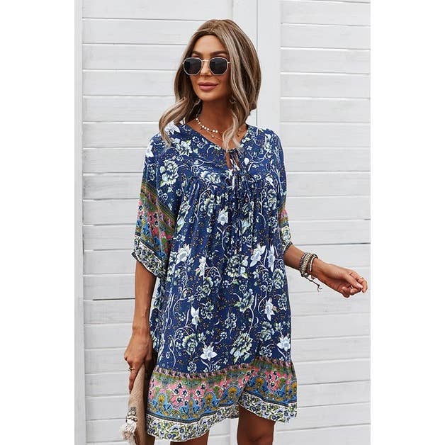 Navy Floral V Neck Loose Fit Midi Dress