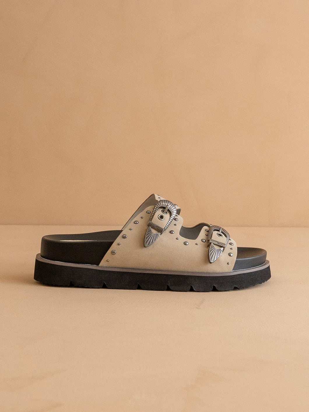 The Effie Taupe Double Western Buckle Slides