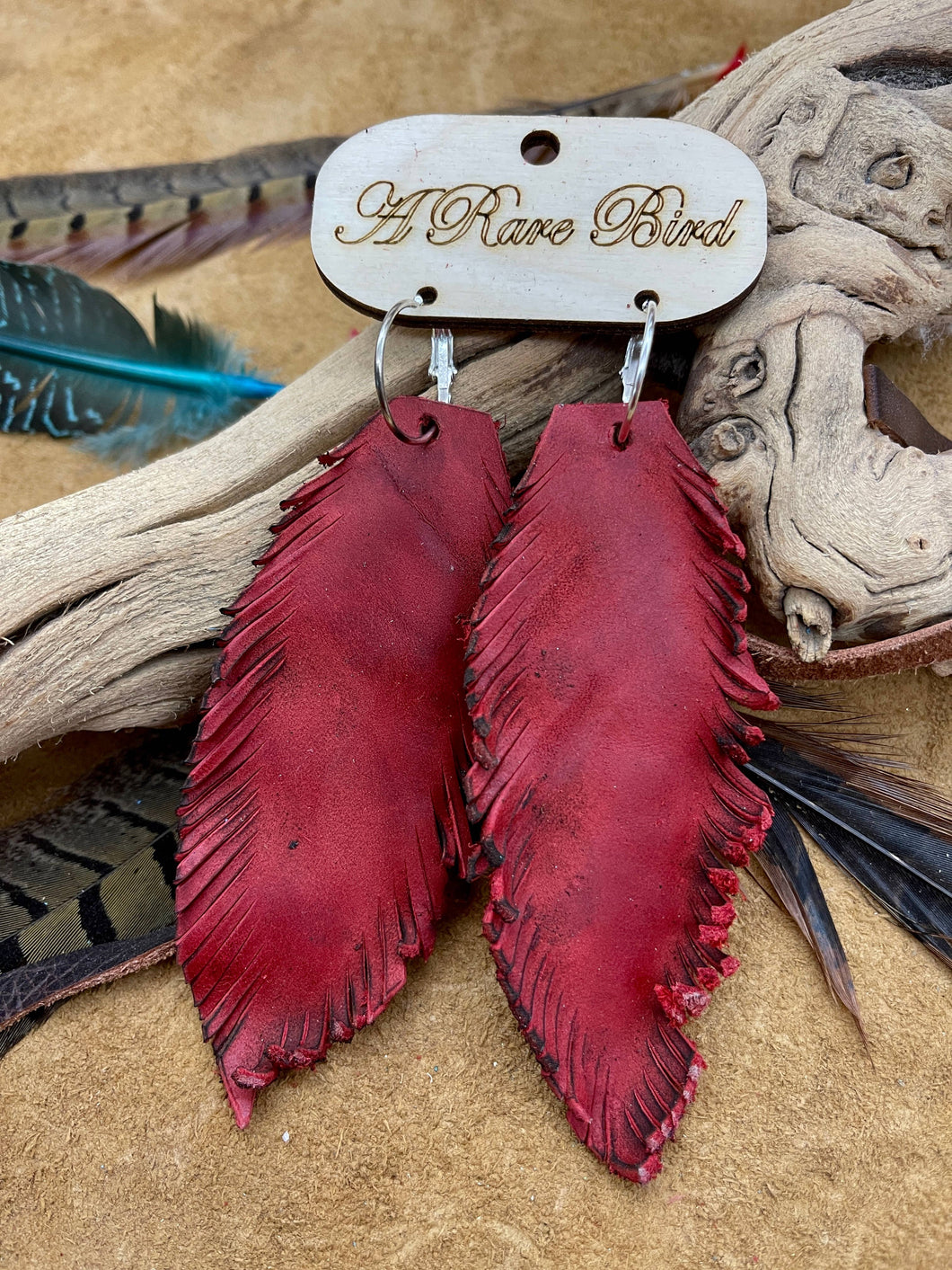 Hand-cut Red Leather Feather Rare Bird Earrings