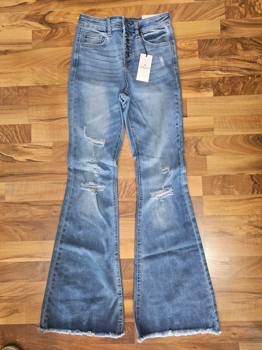 High Rise Button Fly Boyfriend with Knee Slits: Medium Denim