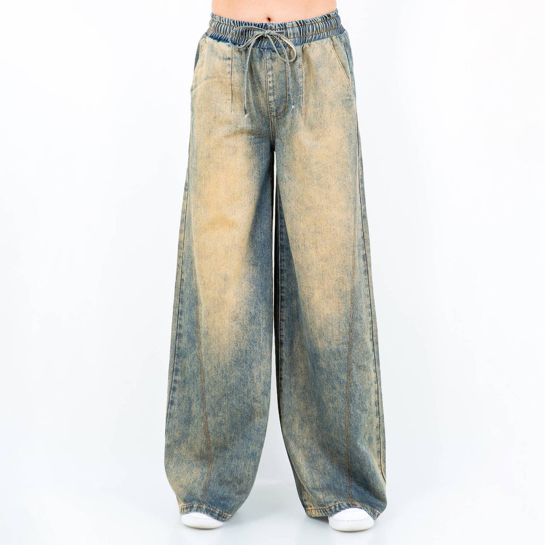 Vintage Wash Wide Leg Pull On Jeans