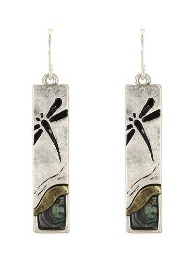 Worn Silver Abalone Dragonfly Rectangle Earrings