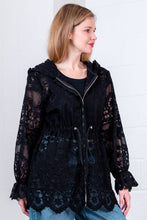 BLACK LONG ELASTICIZED HOODED LACE JACKET