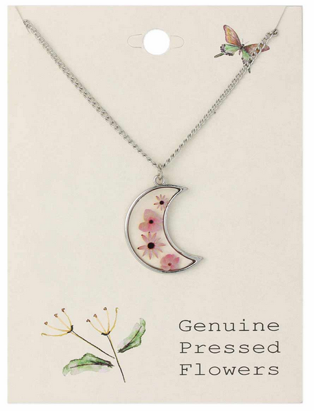 Silver Moon with Pink Dried Flower Necklace