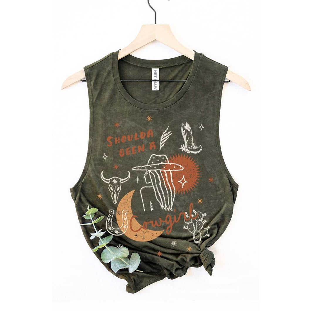 Mineral Olive Shoulda Been A Cowgirl Graphic Tank Top