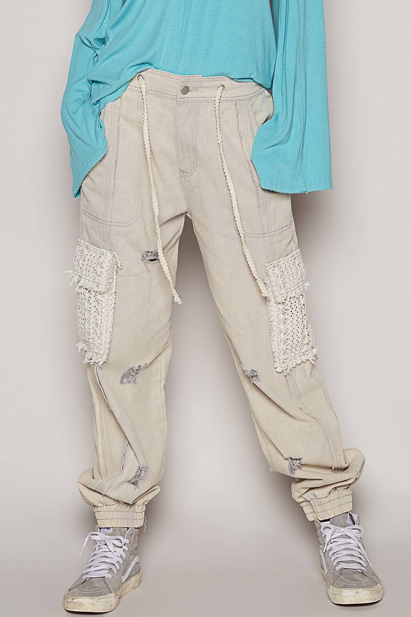 Pale Grey Tie waistband contrast crochet cargo pockets denim POL joggers