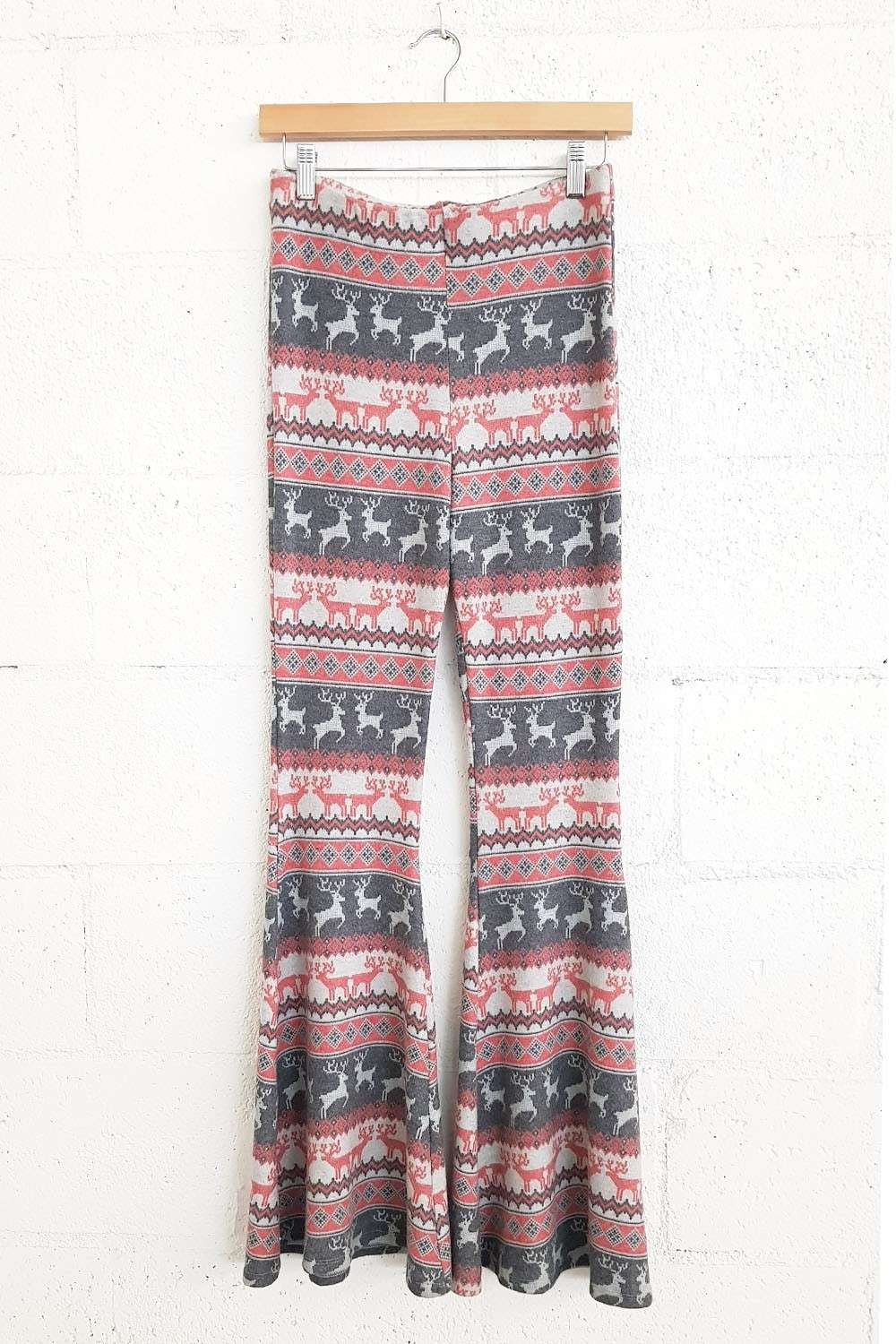 Red Charcoal Ho Ho Reindeer Wide Bell Bottom Pants 10/9/23 7179
