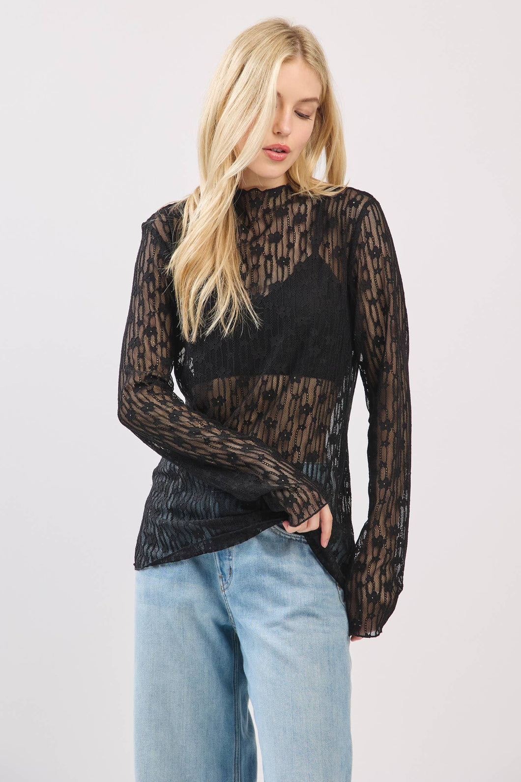 Black Sheer Floral Lace Long Sleeve Top