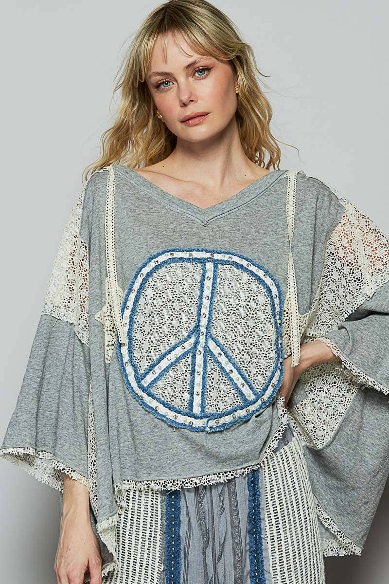 Heather Grey Vintage washed short sleeve peach patch solid POL top