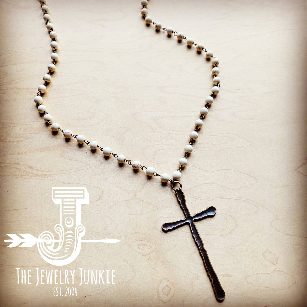 White Turquoise Long Beaded Necklace with Antique Cross: White Turquoise