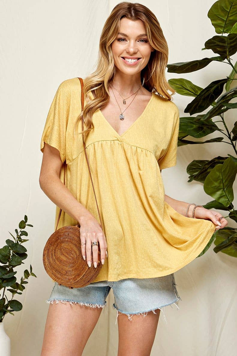 Yellow Solid Soft V Neck Baby Doll Blouse