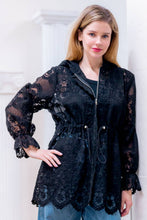 BLACK LONG ELASTICIZED HOODED LACE JACKET
