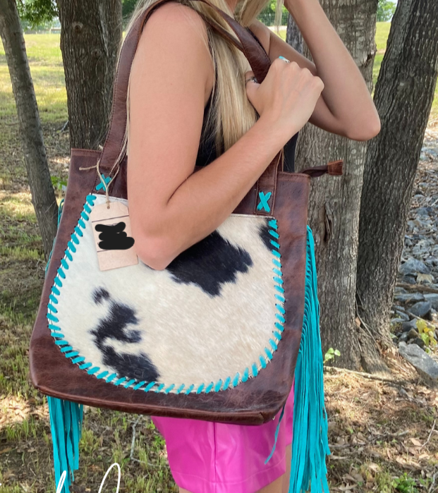 Turquoise Cowhide Fringe Tote Purse