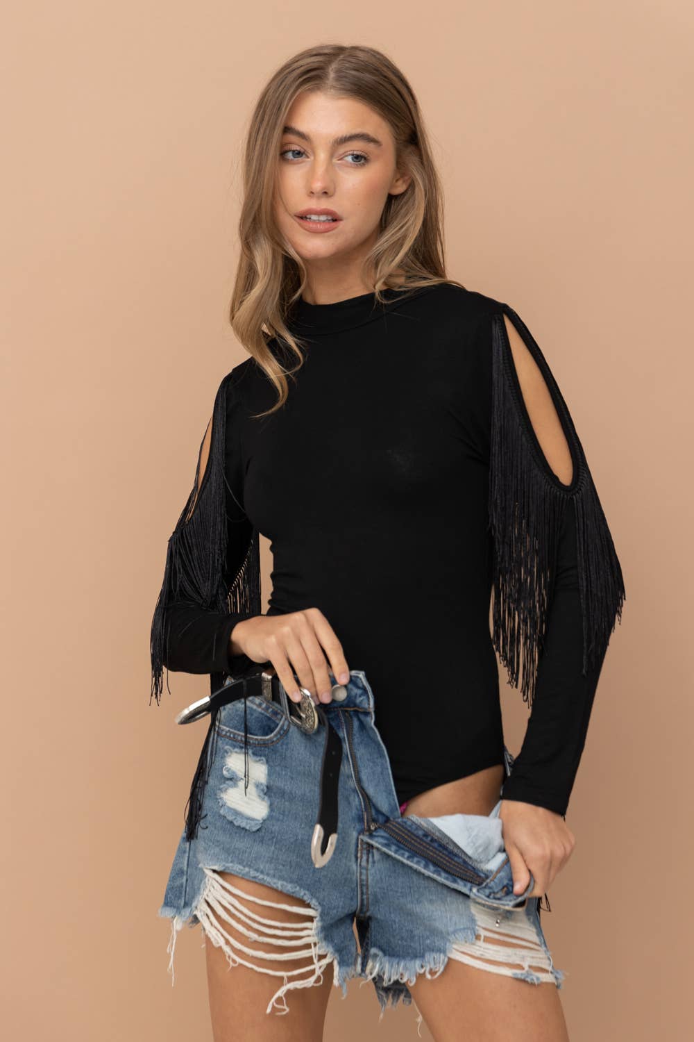 Black Rayon Jersey Mock Neck Shoulder Fringe Bodysuit