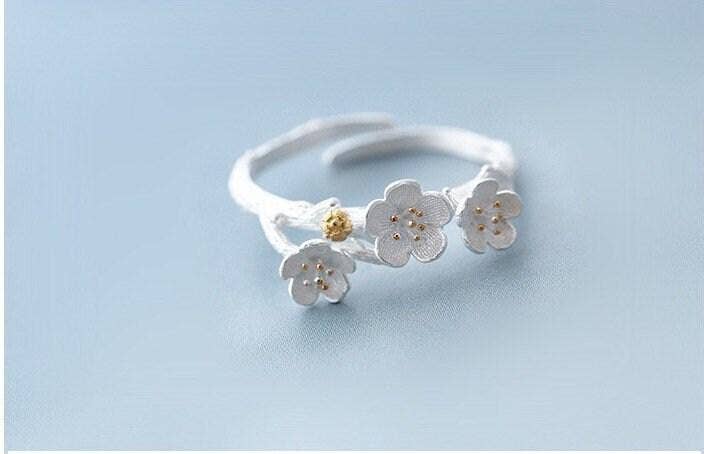 Flowers Adjustable Ring|sakura| Cheery Blossom| Plum Blossom| Peach Blossom| Sterling Silver| Dainty| Delicate| Cutest