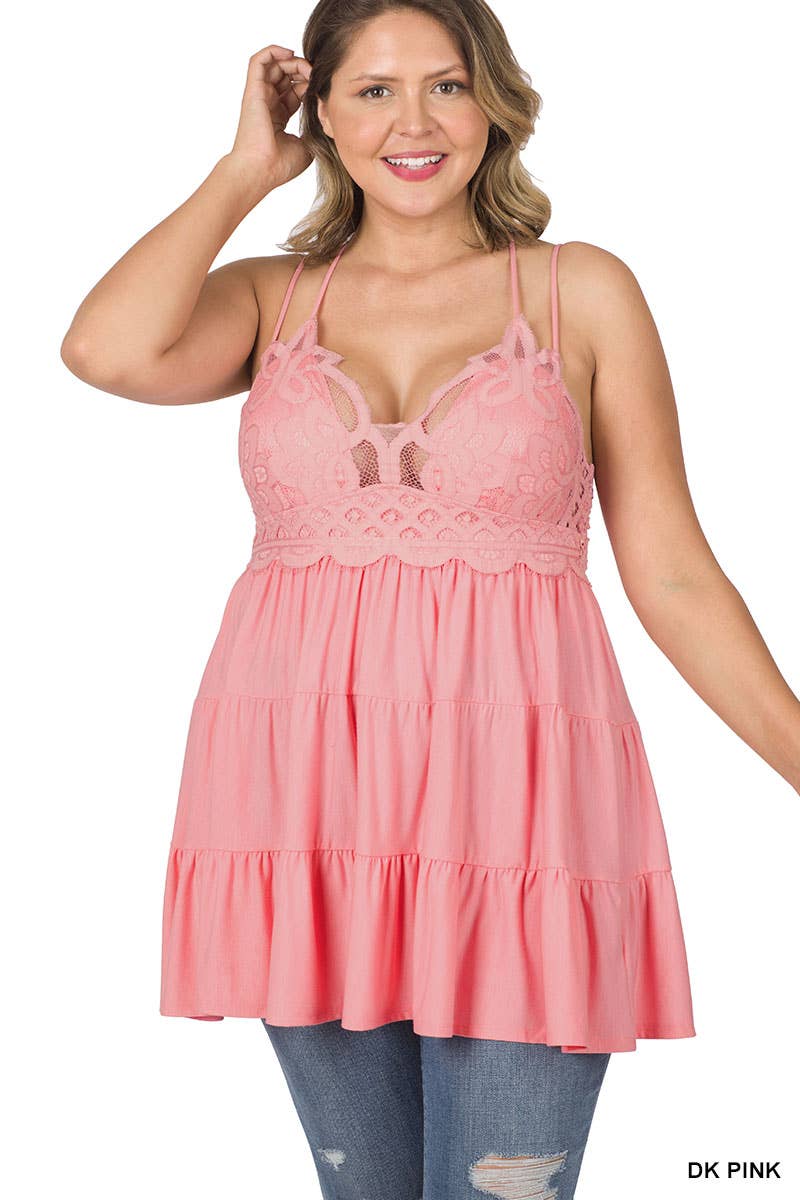 Dark Pink Plus Size Crochet Lace Ruffle Cami W/ Removable Bra Pads