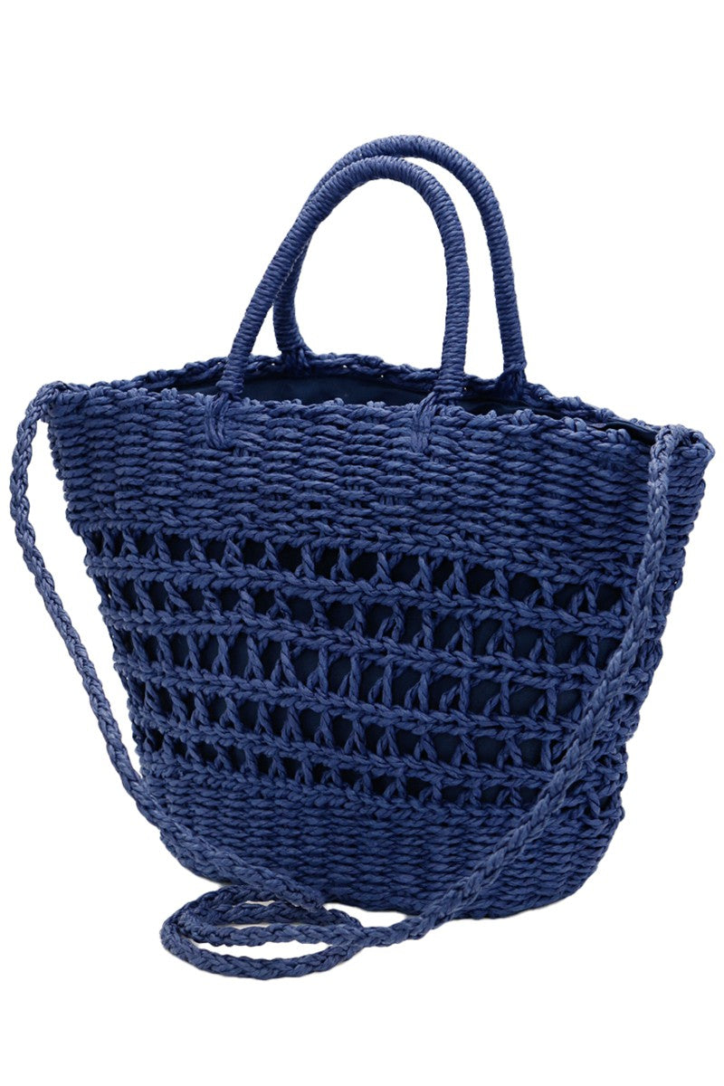 Navy Blue Fishnet Woven Rattan Straw Wicker Crossbody Tote 3/8/23 5768