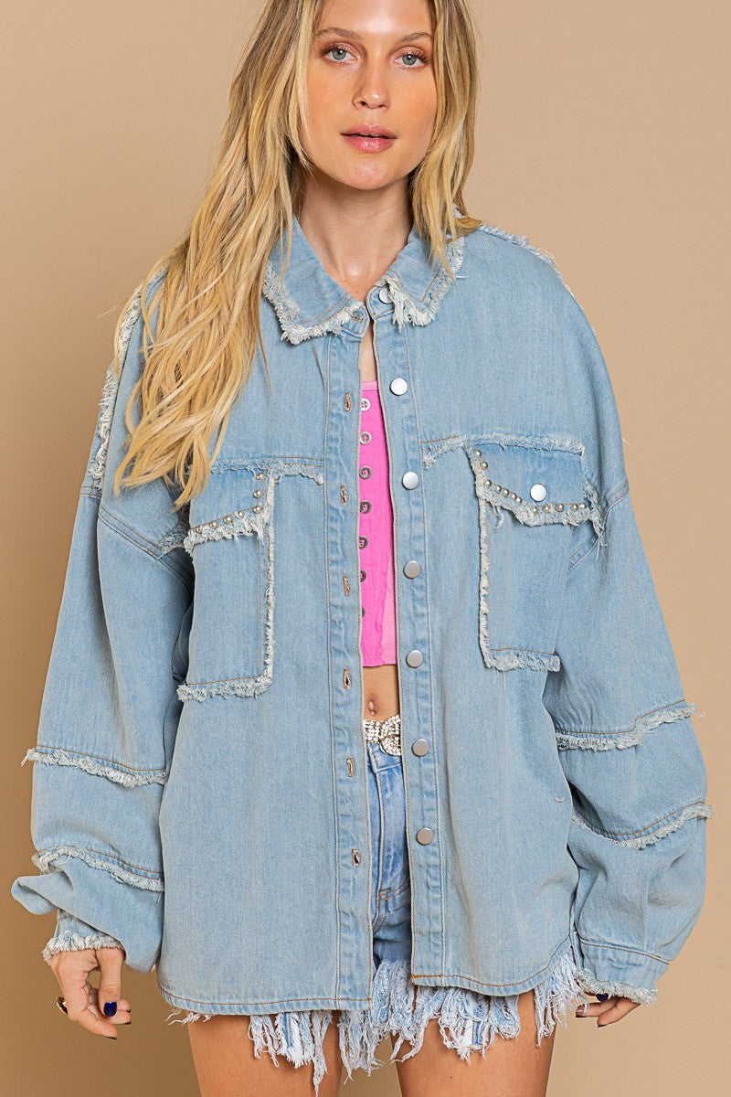 Denim Twill Button Close Raw Edge POL Shacket 11/2/22 4584
