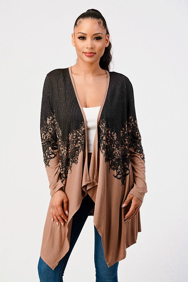 Khaki Dual Toned Open Front Long Sleeve Shark Bite Limitless Cardigan 10/12/22 4305