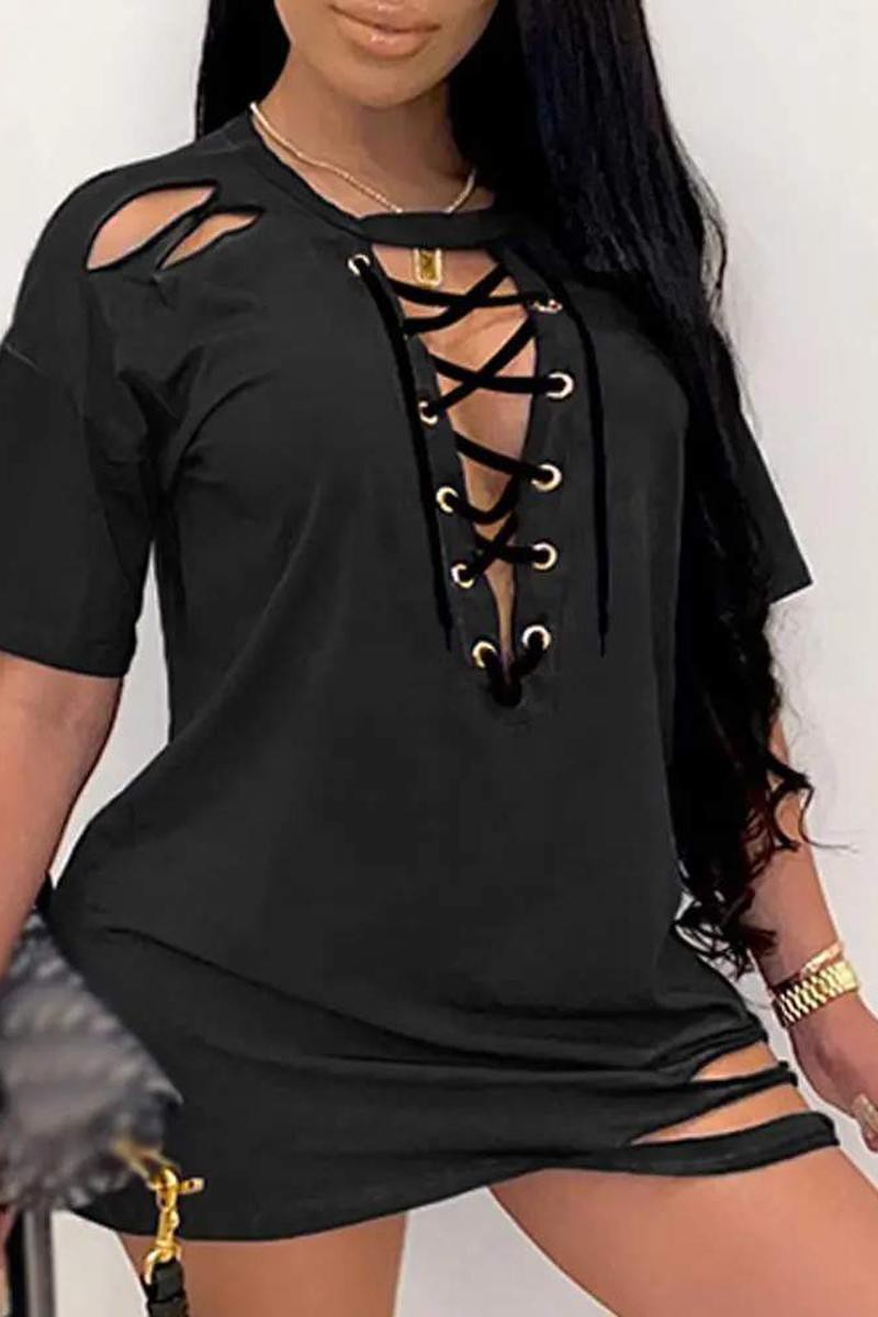 Black Plus Grommet Eyelet Lace Up Cutout Casual Retro Fashion Dress 7/19/22 3422