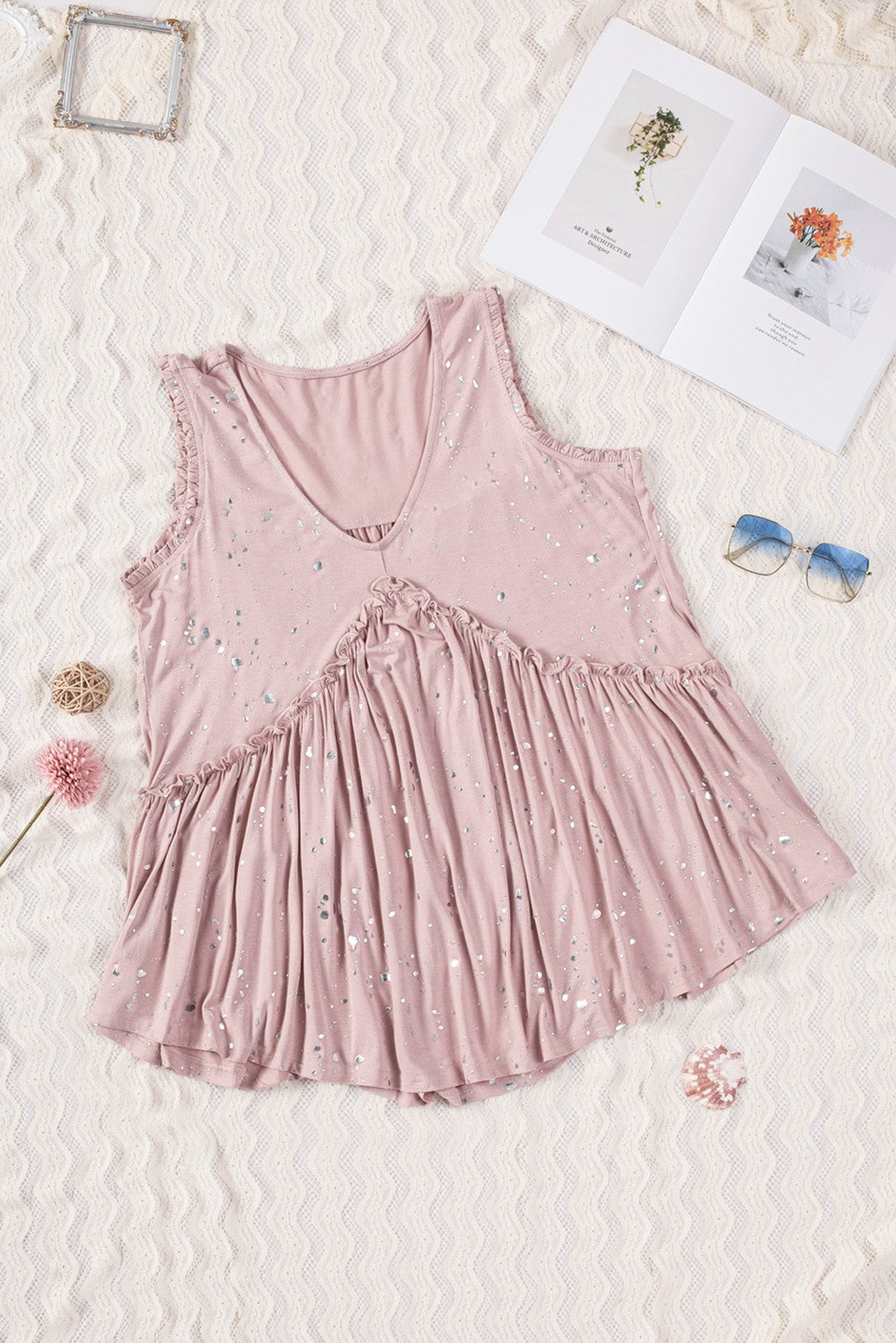 Pink Foil Splatter Drops Ruffled Flowy K Tank 3/13/23 5618