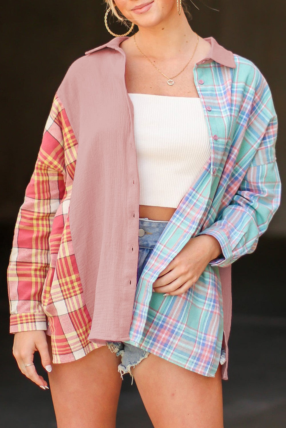 Pink Plaid Contrast Color Block Shirt 6/28/22 3062