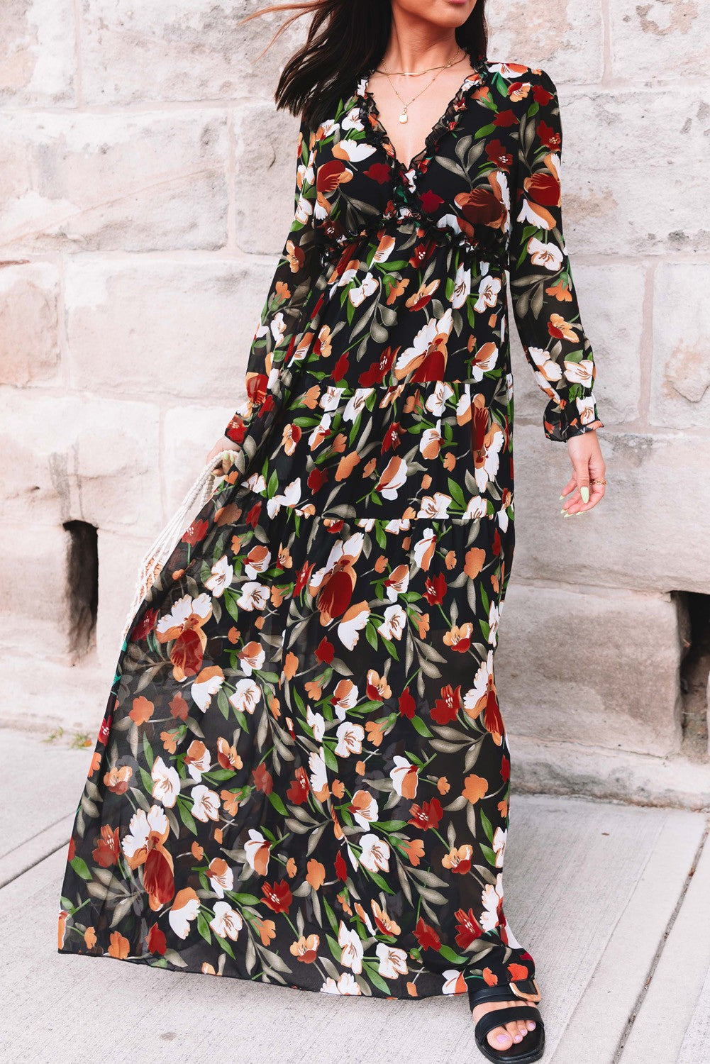 Black Wild Lotus Ruffle Tiered Maxi S Dress 10/12/22 3414