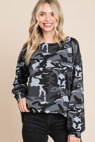 Grey Camo French Terry Round Neck Puff Sleeve Top 12/6/22 4913