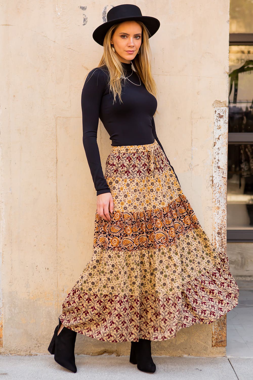 Beige Patchwork A Line High Waist Boho Long Young Threads Skirt 4/10/23 5969