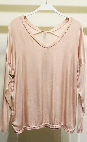 Blush Drop Shoulder Long Sleeve V Neck Silky Viscose Contrast Back Venti 6 Top 3/17/23 5821