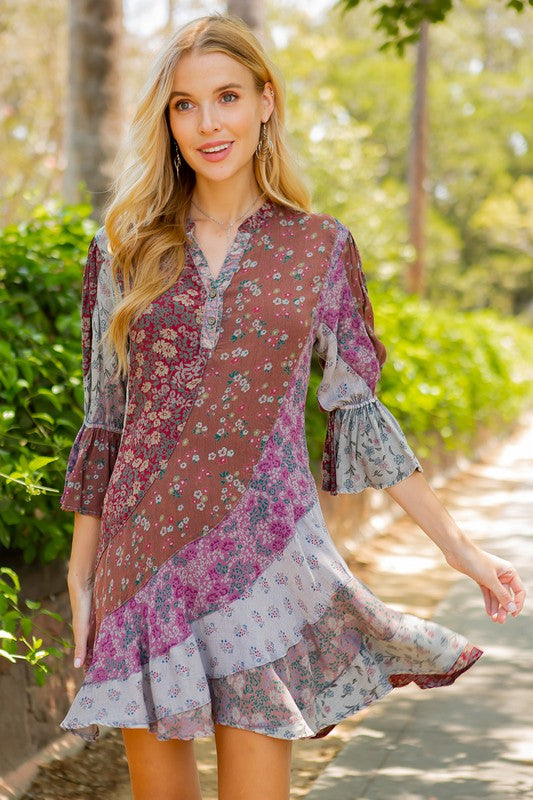Grey Floral 3/4th Sleeve Babydoll Young Threads Dress 4/10/23 5971