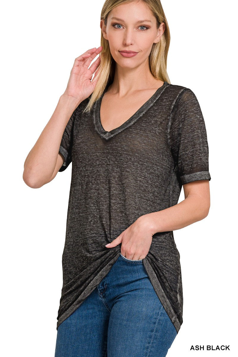 Ash Black Washed Melange Burnout Short Sleeve V Neck Zenana Top 2/23/23 5681