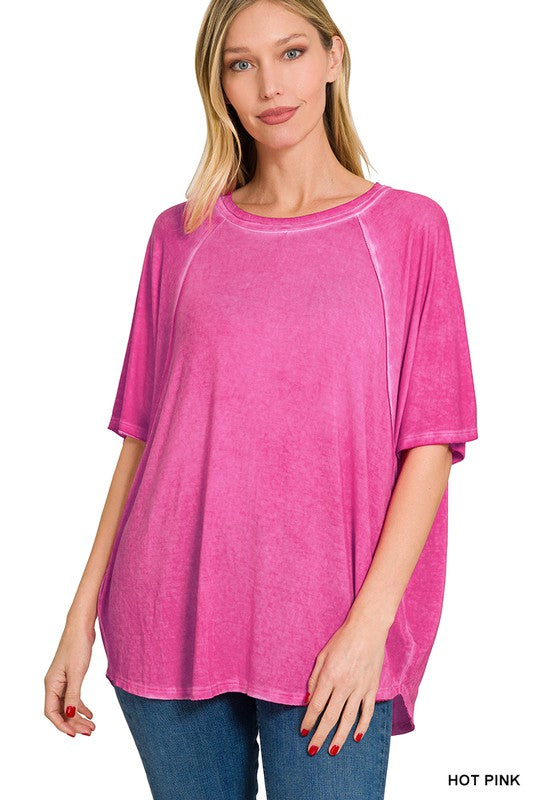 Hot Pink Washed Dolman Sleeve Boat Neck Hi Low Hem Zenana Top 2/23/23 5696