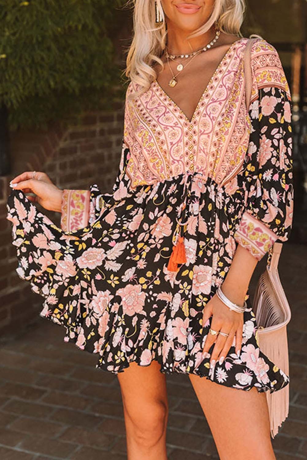 Black V Neck 3/4 Sleeve Floral S Dress 2/14/23 5616